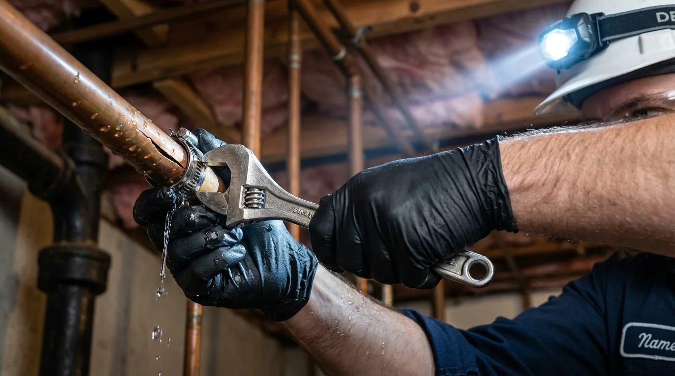 Emergency pipe clamp repair being performed by a Johns Plumbing LLC plumber in Gasport