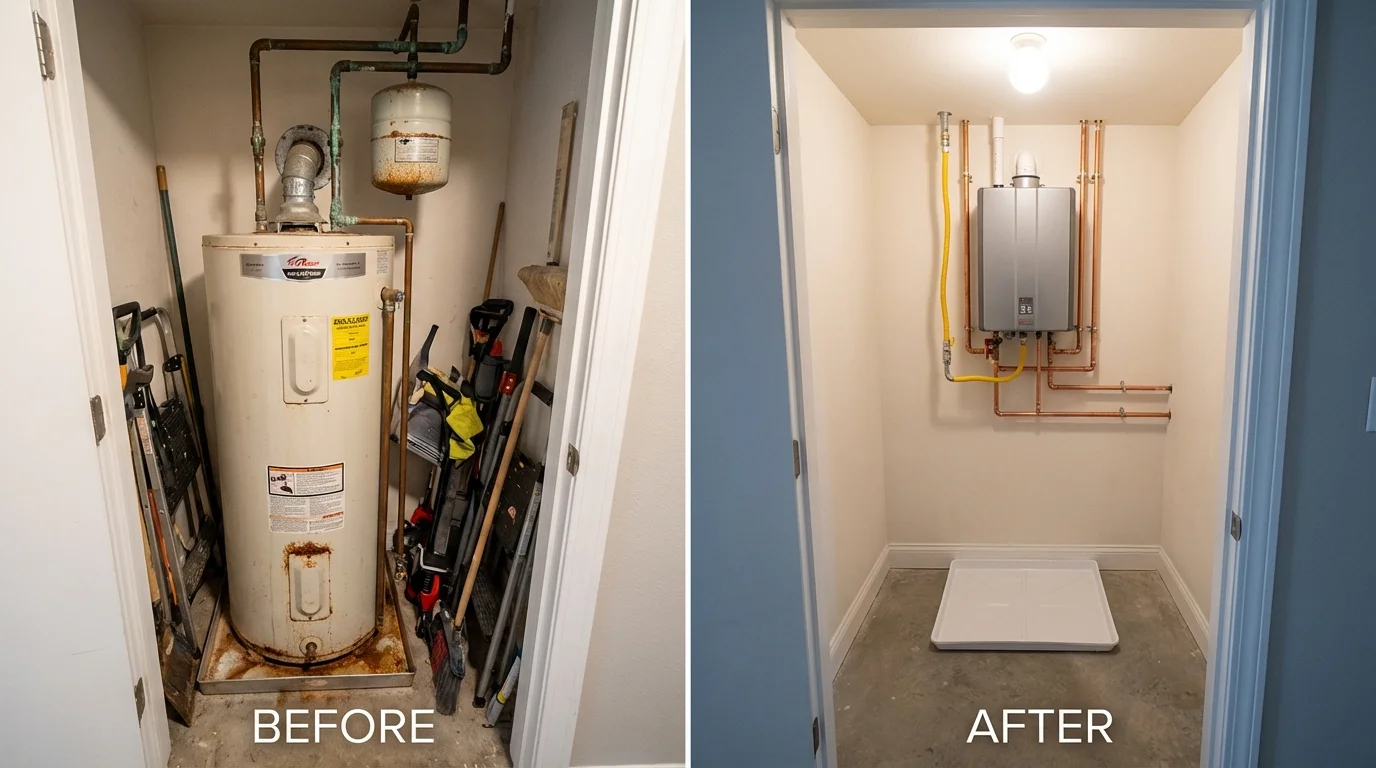 Tank water heater versus wall-mounted tankless unit comparison for Gasport, NY homeowners