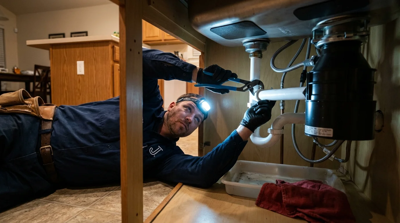 P-trap and supply line connections under a kitchen sink showing a common leak point in Gasport, NY